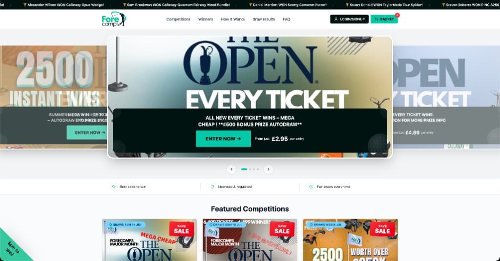 Forecomps competition website homepage with featured golf competitions
