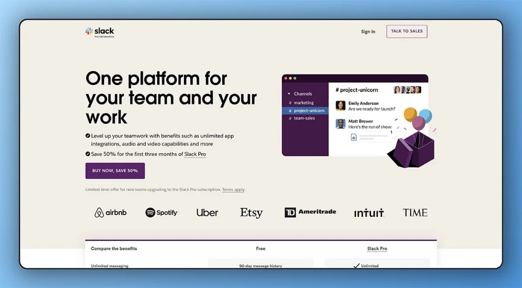 Screenshot of Slack’s marketing landing page with a clear headline, offer, primary CTA, product visual, and customer logos.