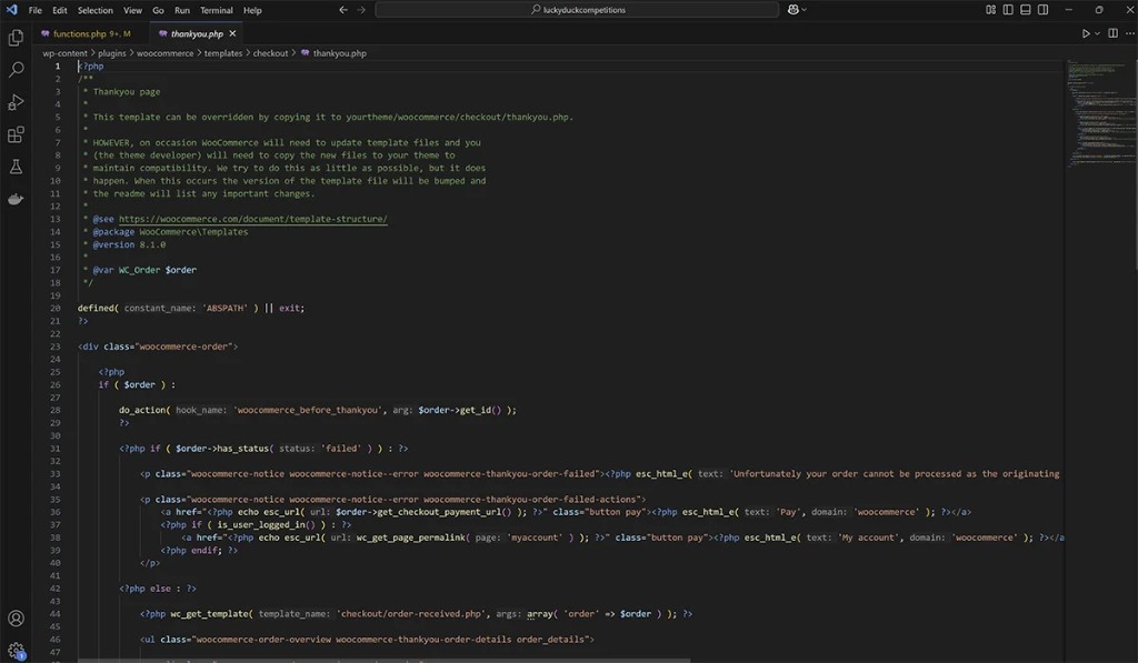 Screenshot of Visual Studio Code showing PHP in a WooCommerce template, illustrating hands-on web development work.