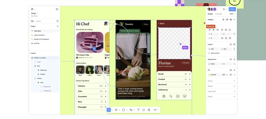 Screenshot of Figma with mobile UI frames, prototype links, and the design properties panel, typical web design workflow.